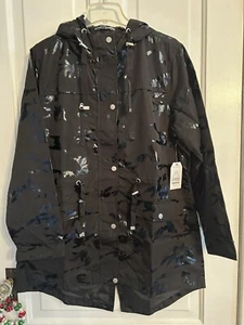 Time & Tru Women Jacket Hooded Wind Resistant Waterproof Raincoat Black Camo Lg - Picture 1 of 7