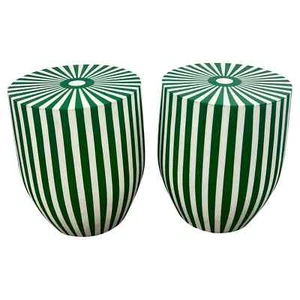 Art Deco Style Green & White Cylindrical Resin Side, End Table or Stool, a Pair - Picture 1 of 12