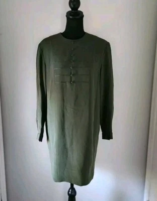 Pat Argenti оливковый зеленый 100% шелк платье с длинным рукавом декоративные пуговицы размер 6 - Изображение 1 из 4