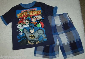 Boys Outfit JUSTICE LEAGUE SUPER HEROS Tee Shirt Shorts NAVY BLUE PLAID Size 4 - Picture 1 of 1