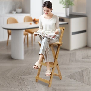 Portable Folding Bamboo Stool Tall Chair Foldable Bar Stool Porch Kitchen Chair - Picture 1 of 17