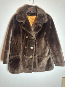 Vintage Sears Fashions Brown Faux Fur Coat With Gold Buttons, Pockets. Sz 18 - Picture 1 of 3