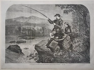 Stampa antica 1861 fiume Tweed Scozia pesca al salmone - Imagen 1 de 2