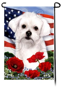 Patriotic Flowers Garden Flag - Maltese Puppy - Picture 1 of 1