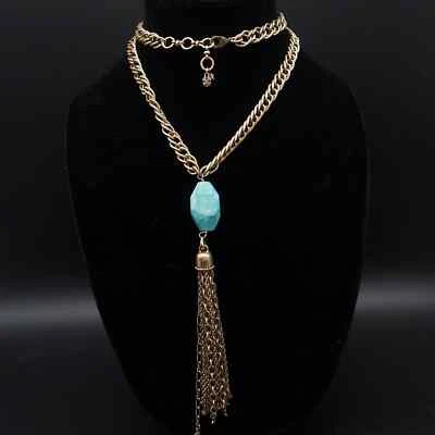 Fantasia declaração solitária colar borla tom turquesa falso marca sorte - Imagem 1 de 4