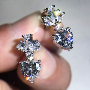 Elegant 925 Silver Heart Earrings Women Cubic Zirconia Stud Drop Wedding Jewelry