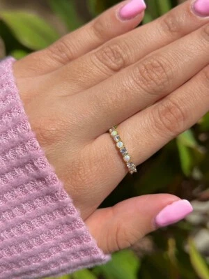 Anillo de compromiso Art Deco de plata 925 chapado en oro amarillo ópalo de fuego natural Foto 1 de 3