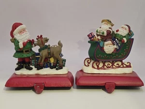 Set of 2 Vintage 90s Santa Christmas Stocking Hanger Adjustable Cast Iron Resin - Picture 1 of 8
