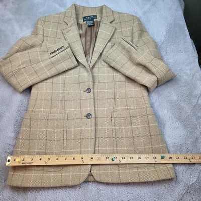 VTG Ralph Lauren Women Wool Blazer 4 Beige Windowpane Barn Field Chore Lined LRL - Image 1 of 4