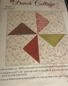 Block 1 Quilt Kit With Fabric French Cottage Pretty Pinwheel 12 ½" x 12 ½" - Picture 1 of 6