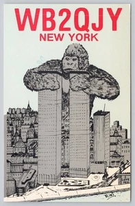 Ham Radio QSL WB2QJY Iconic Gorilla Atop Twin Towers New York NY Postcard - Picture 1 of 2