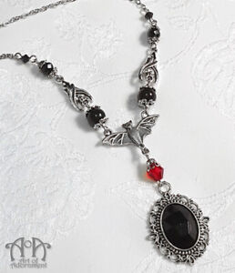 Gothic Black Red HANGING BAT NECKLACE Crystal Glass Beads Pendant Antique Silver