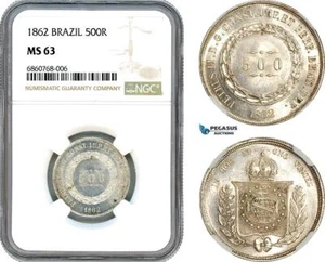 AI577, Brazil, Pedro II, 500 Reis 1862, Rio de Janeiro Mint, Silver, NGC MS63 - Picture 1 of 1