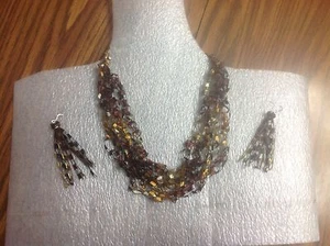 Hand Crocheted Ladder Ribbon Trellis Necklace Yarn EXPRESSO + FREE EARRINGS - Picture 1 of 2