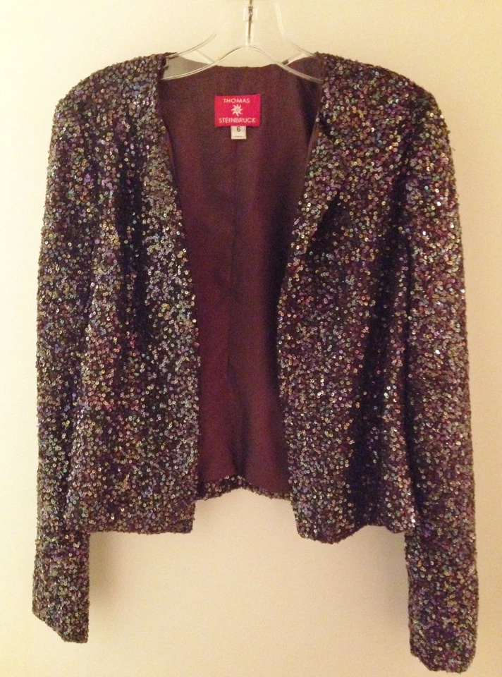 Thomas Steinbruck 巧克力棕色亮片丝绸开襟夹克 - 尺寸 6 全新!  — 第 1/1 张图片