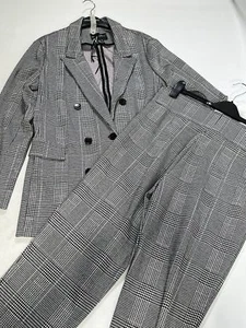 Womens Frank Lyman Black and White Houndstooth Double Breasted Pant Suit Size 14 - Picture 1 of 8