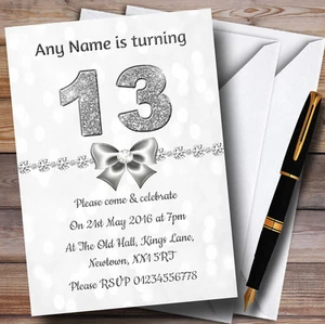White Bokeh & Silver Glitter Look 13Th Personalised Birthday Party Invitations - Picture 1 of 1