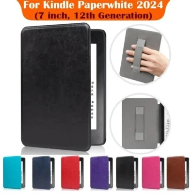 For Kindle Paperwhite 6 12th Gen (2024) Leather Smart Case Cover With Hand Strap - Image 1 of 4