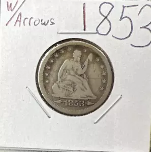 Cuarto libertad sentada 1853 25c con flechas y rayos variedad elección fino círculo - Imagen 1 de 10