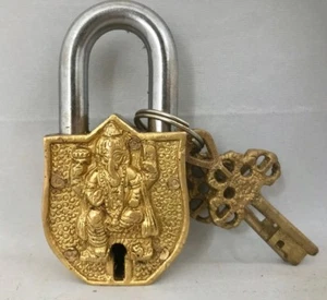Llave de bloqueo de elefante con candado de latón Ganesha OM OHM aspecto antiguo buena suerte india - Imagen 1 de 2