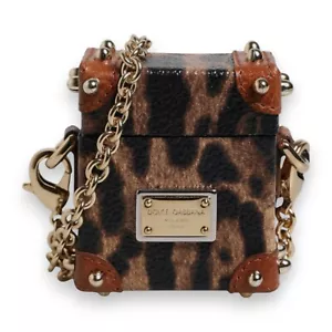 DOLCE & GABBANA Airpods Case Brown Leopard Metal Logo Plaque Gold Chain 430usd - Picture 1 of 6