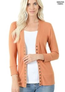 3/4 Sleeve Snap Button Front Ribbed Detail V Neck Sweater Cardigan