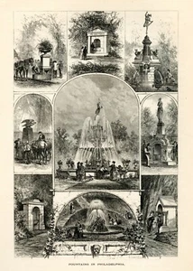 Fontane a Filadelfia, 1874 scena storica americana, antica incisione su legno - Foto 1 di 4