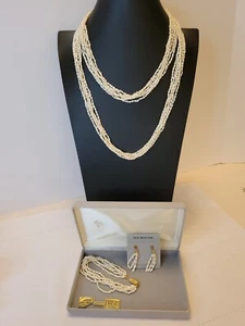 Vntg Set 6 Stränge echte Süßwasserperlen 2 Halsketten Armband Ohrringe Taiwan - Bild 1 von 13