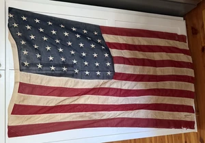 USA 48 Star Linen Cotton Flag Embroidered Sewn Stripes Damage Needs Repair - Picture 1 of 11