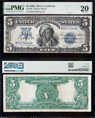 VERY NICE Bold & Crisp VF 1899 $5 "INDIAN CHIEF" Silver Certificate PMG 20! 4844 - Image 1 of 3