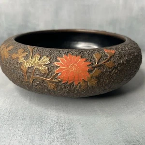 Vintage Tokanabe Brown Footed Pottery Low Planter Bowl w/ Red Flowers Japan ~8¼" - Picture 1 of 24