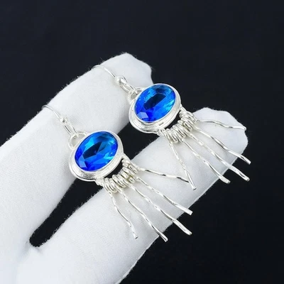 925 Sterling Silver Blue Tanzanite Gemstone Handmade Jewelry Earring Size-1.5" - Image 1 of 4