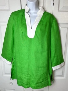 Nuevo JONES NEW YORK 100 Túnica de Lino Top Camisa Verde Blusa Cuello Dividido Blanco Talla M - Imagen 1 de 12