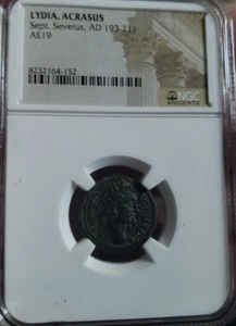 Septimius Severus AD 193-211 .AE 19 . Seltene Acrasus Lydia Neuwertig. NGC zertifiziert - Bild 1 von 2