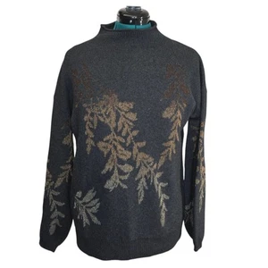 Garnet Hill Sweater Womens XS Gray Gold Floral Wool Blend Turtle Neck Pullover - Picture 1 of 11