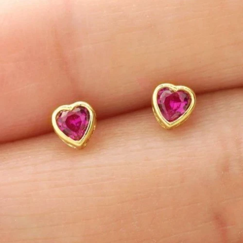 14K Yellow Gold Heart Bezel Ruby Screwback Stud Earrings 4mm - Image 1 of 4