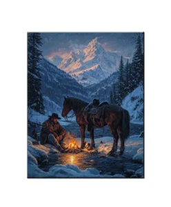 Cowboy Sitting Next To Campfire With Horse,Vintage Americana Wall Art Decor - Picture 1 of 8