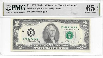1976 Richmond $2 FRN Harder to Find EB Block PMG 65 EPQ GEM UNCIRCULATED - Image 1 of 4