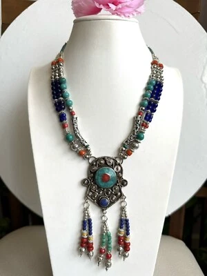 beautiful boho style 3 strands tribal theme handmade Tibetan silver necklace 18” - Image 1 of 4