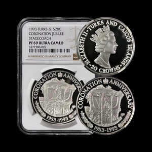 TURKS & CAICOS. 1993, 20 Crowns, Silver - NGC PF69 - Top Pop 🥇 Queen Mother - Picture 1 of 5