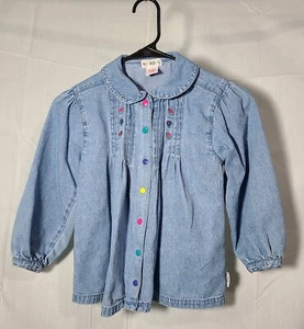 VTG Gymboree Girls Denim Button BLOUSE w/Pleats Flowers Colorful Buttons Sz XL - Picture 1 of 3