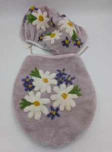 Vintage Toilet Cover Set Purple Floral Mod Tank Seat - Picture 1 of 13