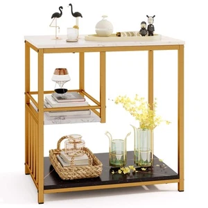 End Table Nightstand 3-Tier Faux Marble Side Table w/Storage Shelves&Metal Frame - Picture 1 of 10