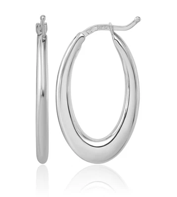18K Solid White Gold Graduated Oval Medium Hoop Earrings - Image 1 of 4