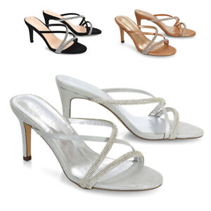 New Womens Mid Heel Stiletto Diamante Strappy Sandals Ladies Slip On Shoes Size