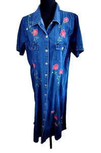 Vtg Sarin Women Blue Jean Denim Dress Embroidery Roses Buttons Sleeves Maxi 16 - Picture 1 of 10