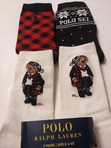 4-6x Girls Polo Ralph Lauren SKI Tobaggon POLO BEAR Crew Socks Size fits 10-13 - Picture 1 of 4