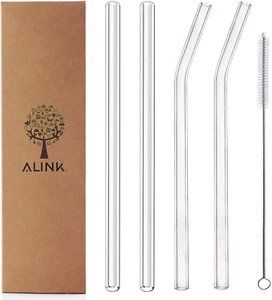 ALINK Clear Glass Straws, 9 in X 10 Mm Reusable Straight & Bent Smoothie Straws - Picture 1 of 12