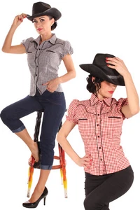 Rockabilly Country Gingham Cowgirl Puffärmel Western Hemd Bluse - Picture 1 of 14