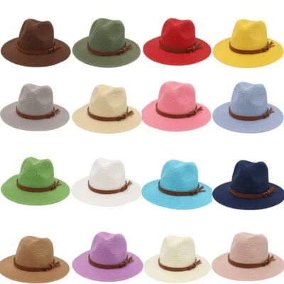 Men Women Wide Brim Straw Panama Hat Unisex Leather Belt Fedora Beach Sun Hat